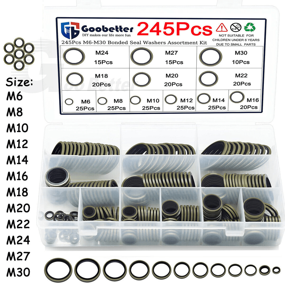 245x M6 - M30 Bonded Seal Washers Kit Sealing Washer Hydraulic Oil Petrol Washers - HomeDIYer