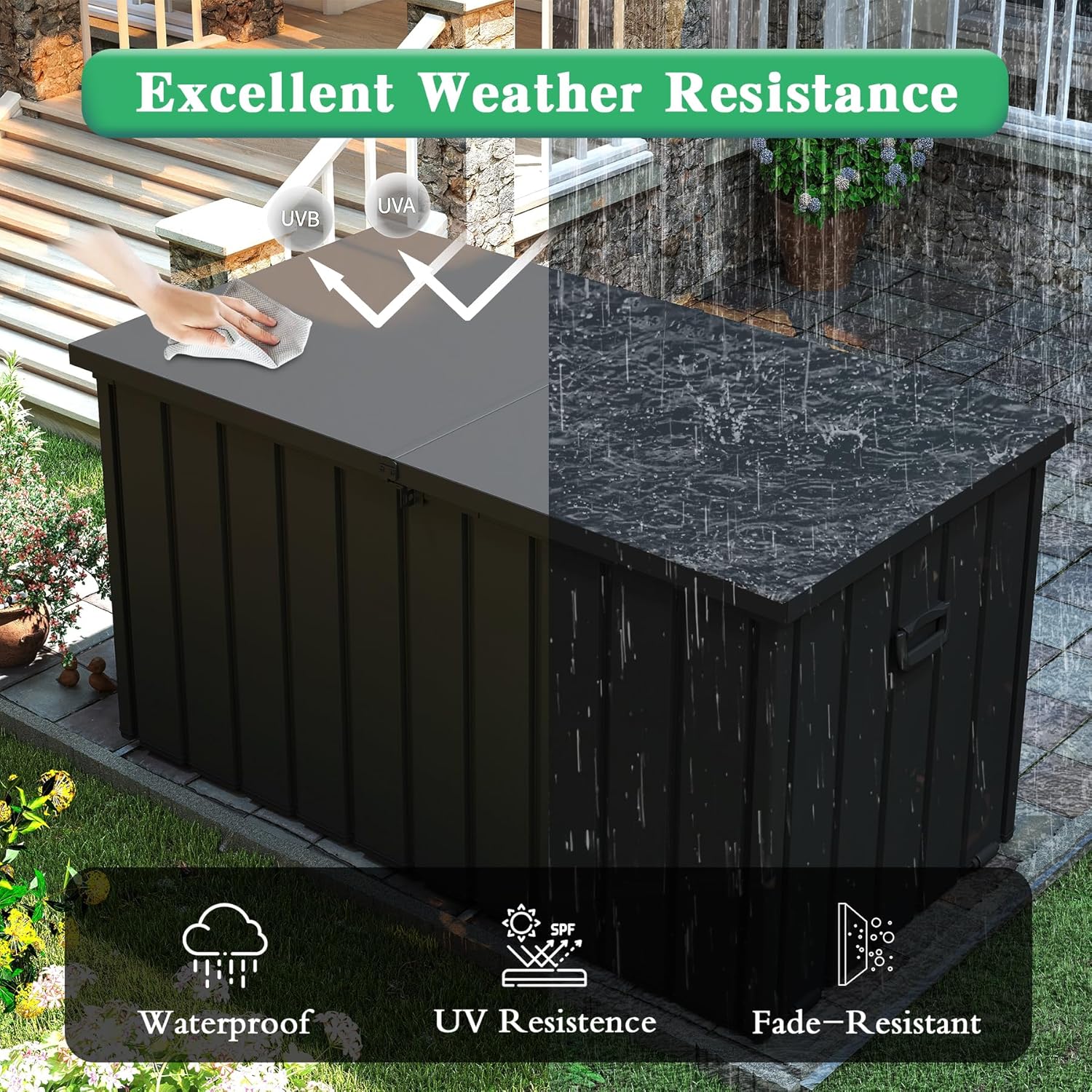 200 Gallon Metal & Plastic Deck Box – Waterproof Outdoor Storage Bench with Lockable Lid, Dark Gray