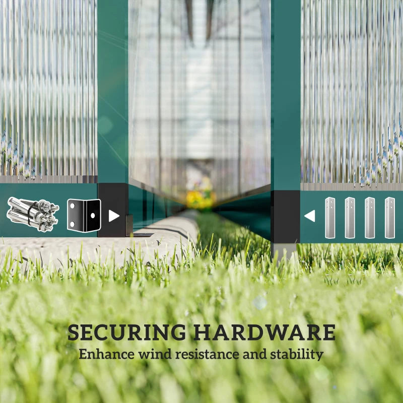 Walk‑In Greenhouse with UPF 50+ Polycarbonate Panels — Adjustable Roof Swing Door Dark Green Clear