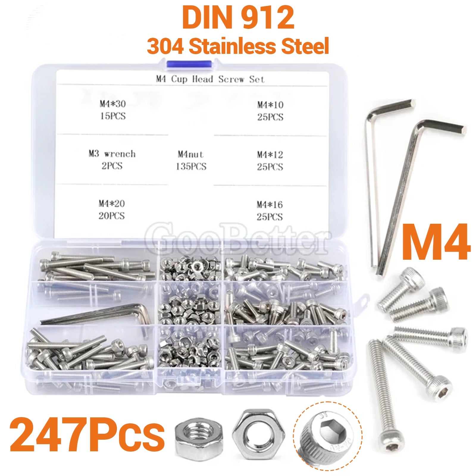 247x M4 Stainless Steel Allen Bolts & Nuts Set Socket Cap Screws Hex Head DIN912 - HomeDIYer