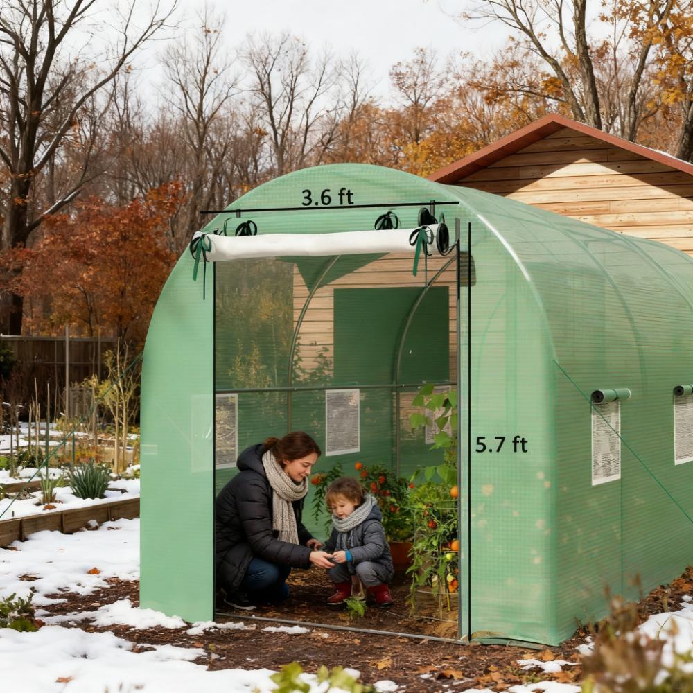 Walk‑In Tunnel Greenhouse with 2 Support Rods — Upgraded Galvanized Steel Frame Mesh Door & Windows Green