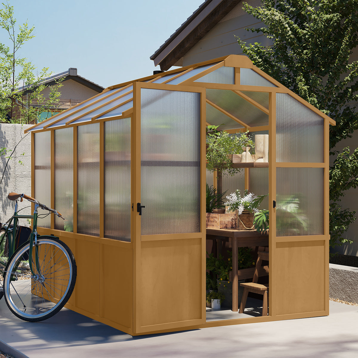 6ft x 8ft Solid Wooden Walk‑In Greenhouse — 6mm Polycarbonate Panels, Adjustable Roof Vents & Lockable Door Natural Wood
