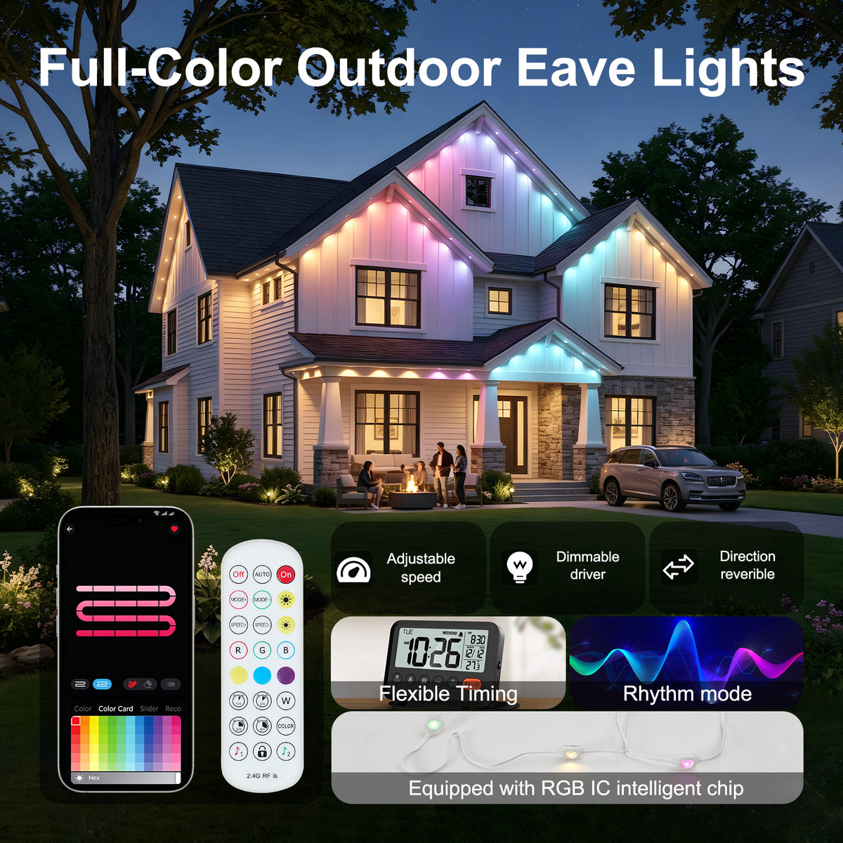 Permanent Outdoor Lights 50ft 30 LED RGB+IC for Eaves