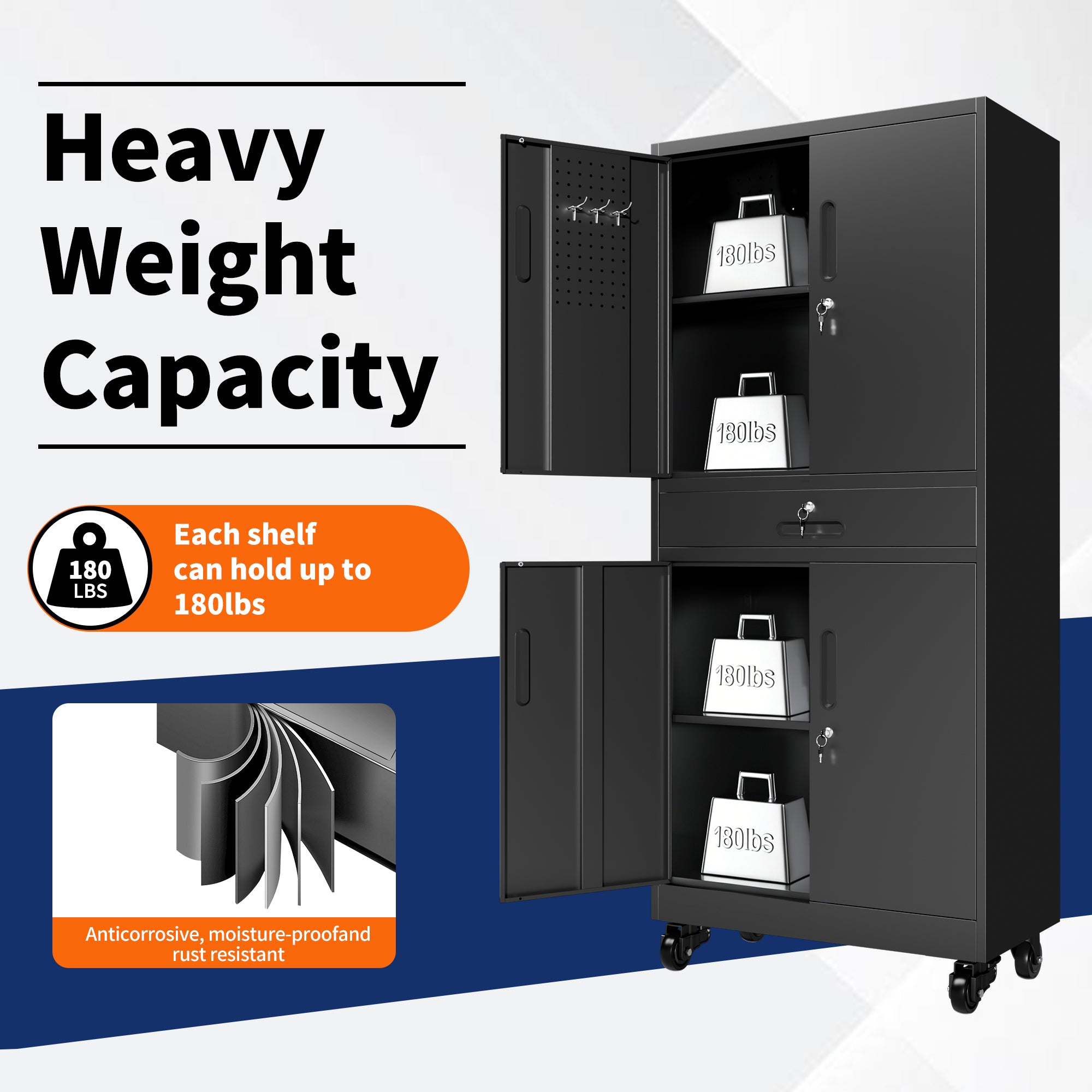 71" Metal Garage Storage Cabinet with Drawer, Pegboard Door, Locking Doors & Rolling Wheels, 720 lb Capacity