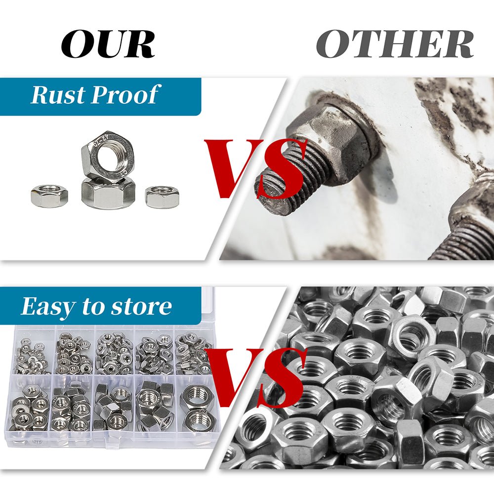 4 6 8 10 12 1/4 5/16 3/8 1/2 160Pcs 304 Stainless Steel Hex Nuts Assortment Set - HomeDIYer