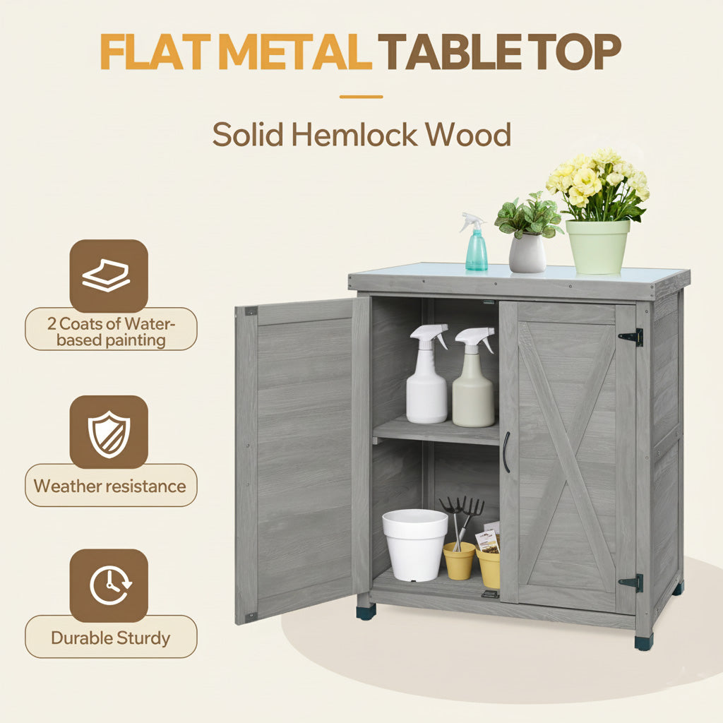 Potting Bench with Storage Cabinet – Outdoor Work Station with Metal Table Top & Zero Maintenance