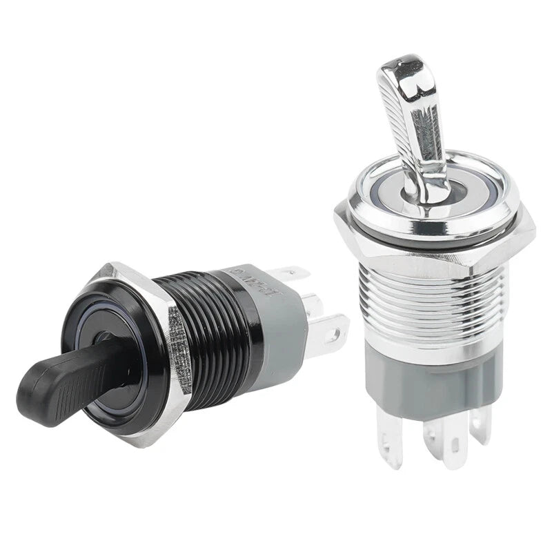 16mm LED Metal Toggle Switch – Latching SPST Waterproof, 3–24V, Nickel/Black/Steel