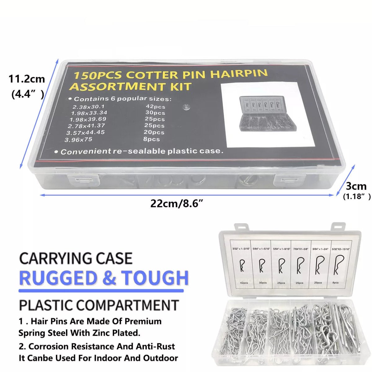 3/32'' - 5/32'' R - Shaped Cotter Pin Assortment Kit Zinc Plated Hair Pins - 150 Pcs - HomeDIYer