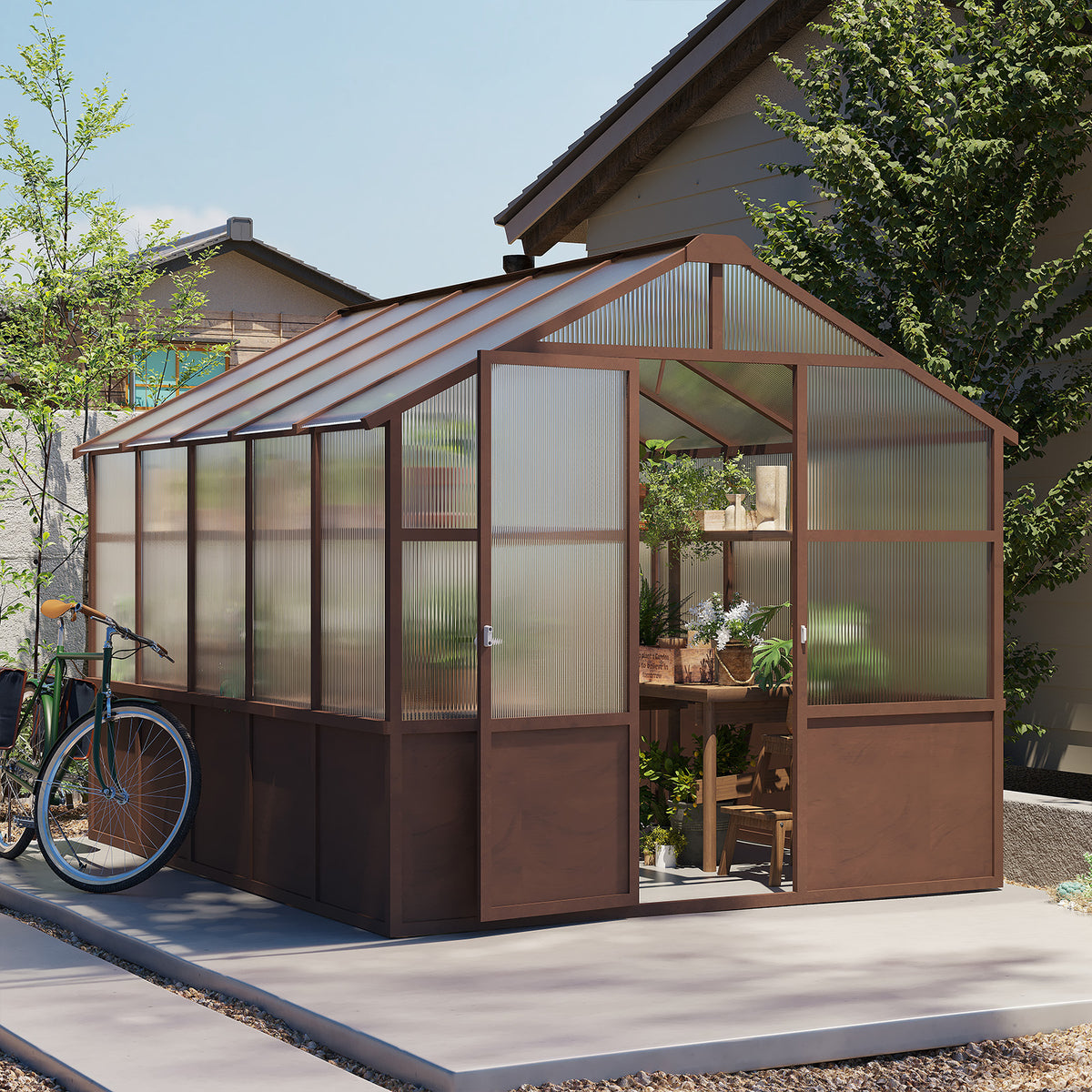 8ft x 10ft Cedar Wood Walk‑In Greenhouse — 6mm Polycarbonate Panels Adjustable Vent & Lockable Door Dark Coffee