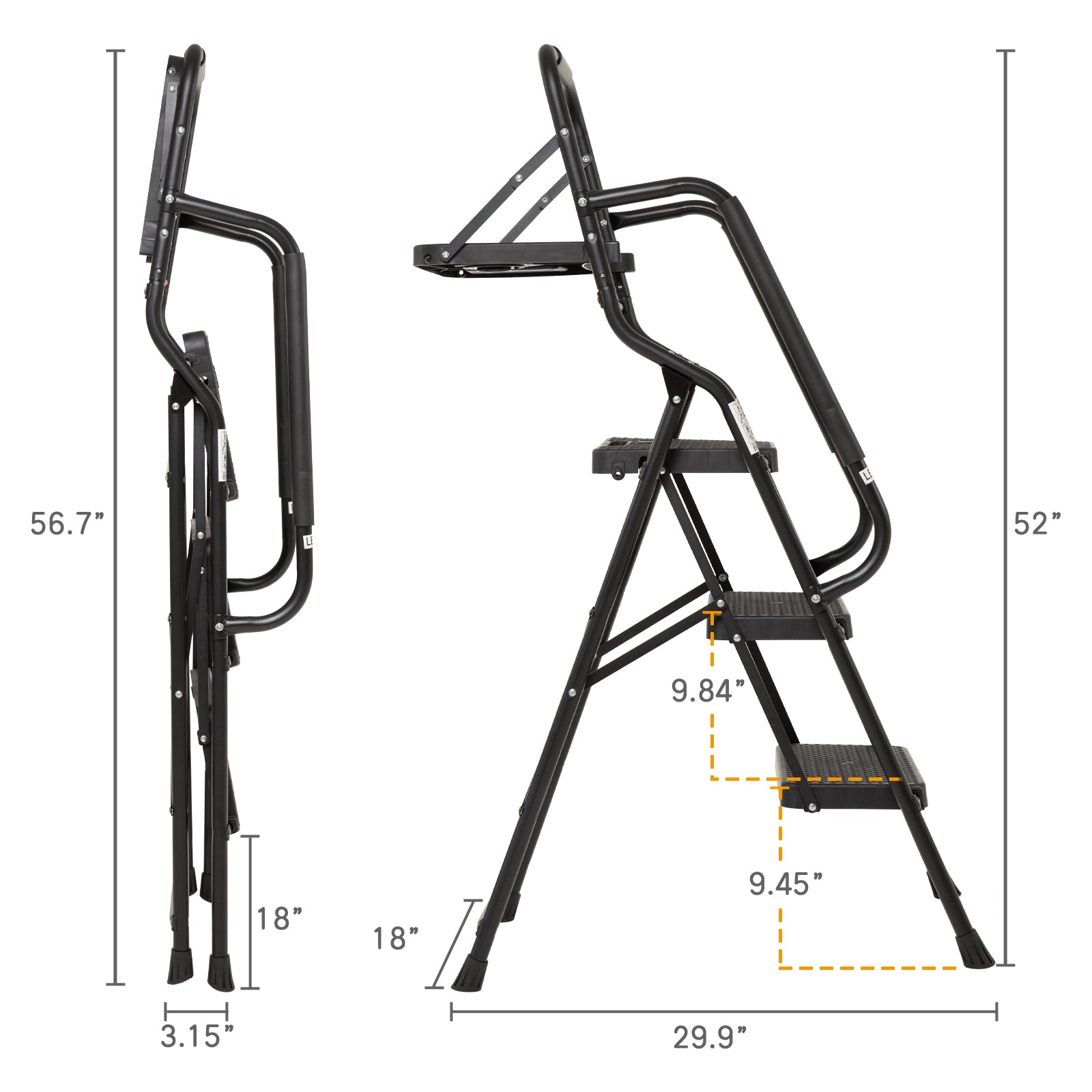3‑Step Folding Ladder with Handrails & Tool Tray — Black Steel Frame, 330 lb Capacity, Non‑Slip Pedals