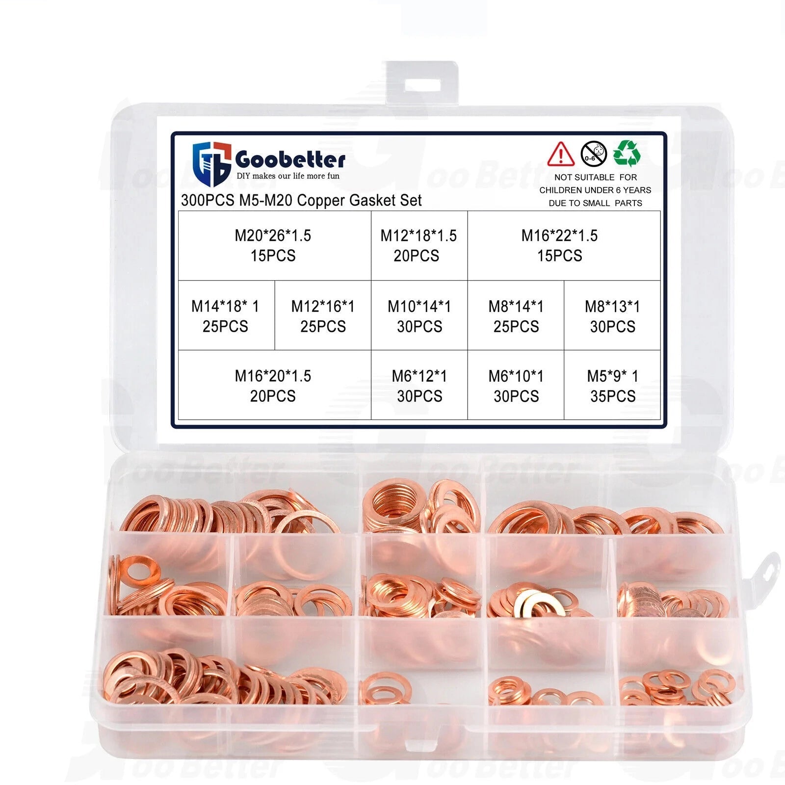 300Pcs Flat Ring Copper Sealing Washers Assortment Set M5 M6 M8 M10 M12 M14 M16 - HomeDIYer