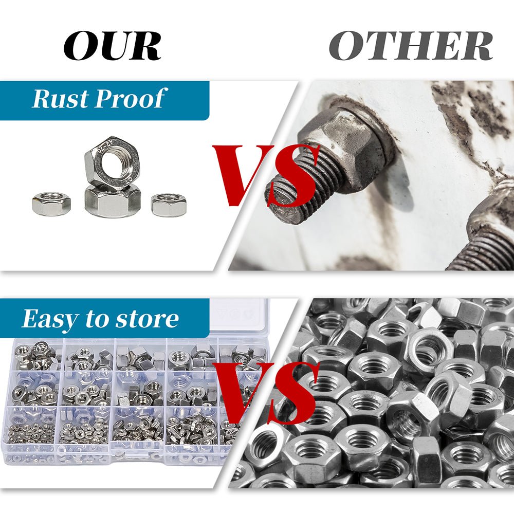 2 4 6 8 10 12 1/4 3/8 5/16 350Pcs 304 Stainless Steel Hex Nuts Assortment Set - HomeDIYer