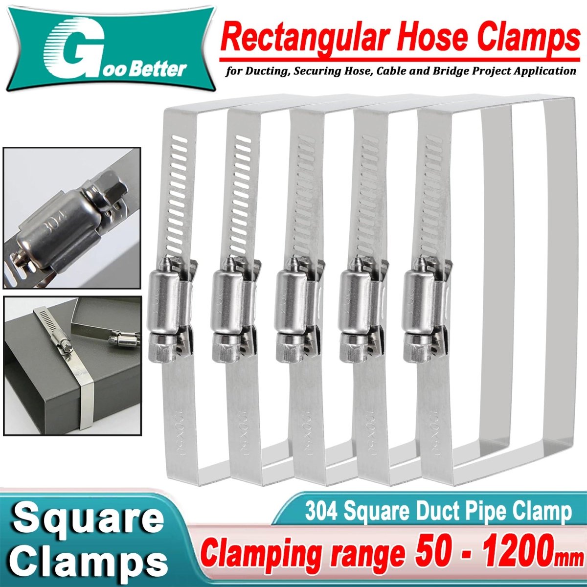 304 Steel Square Hose Clamp 50 - 1200mm Rectangular for Cable Tray & Pipe Fixing - HomeDIYer