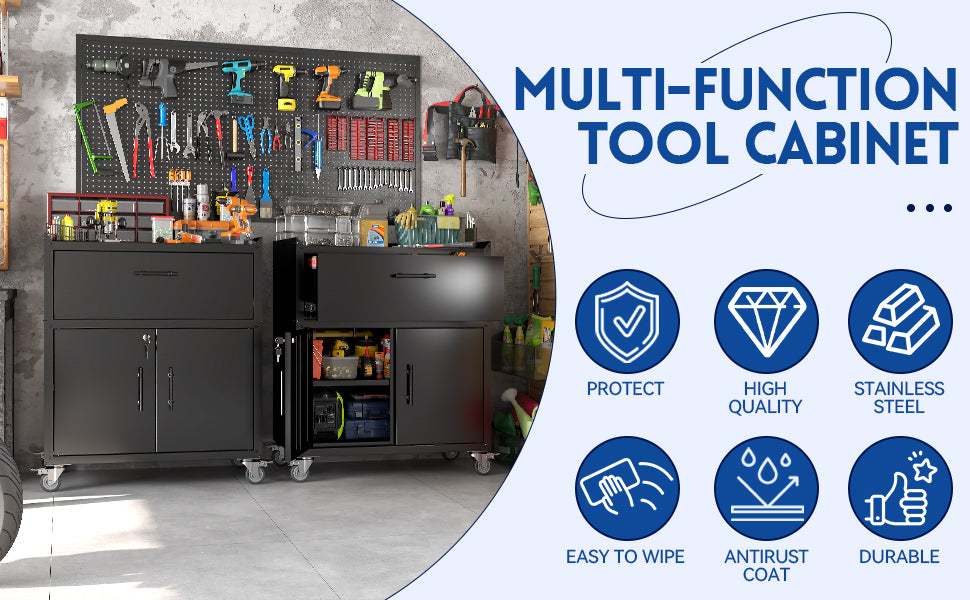 2 Door + 1 Drawer Lockable Rolling Tool Cabinet – Garage Storage with Wheels