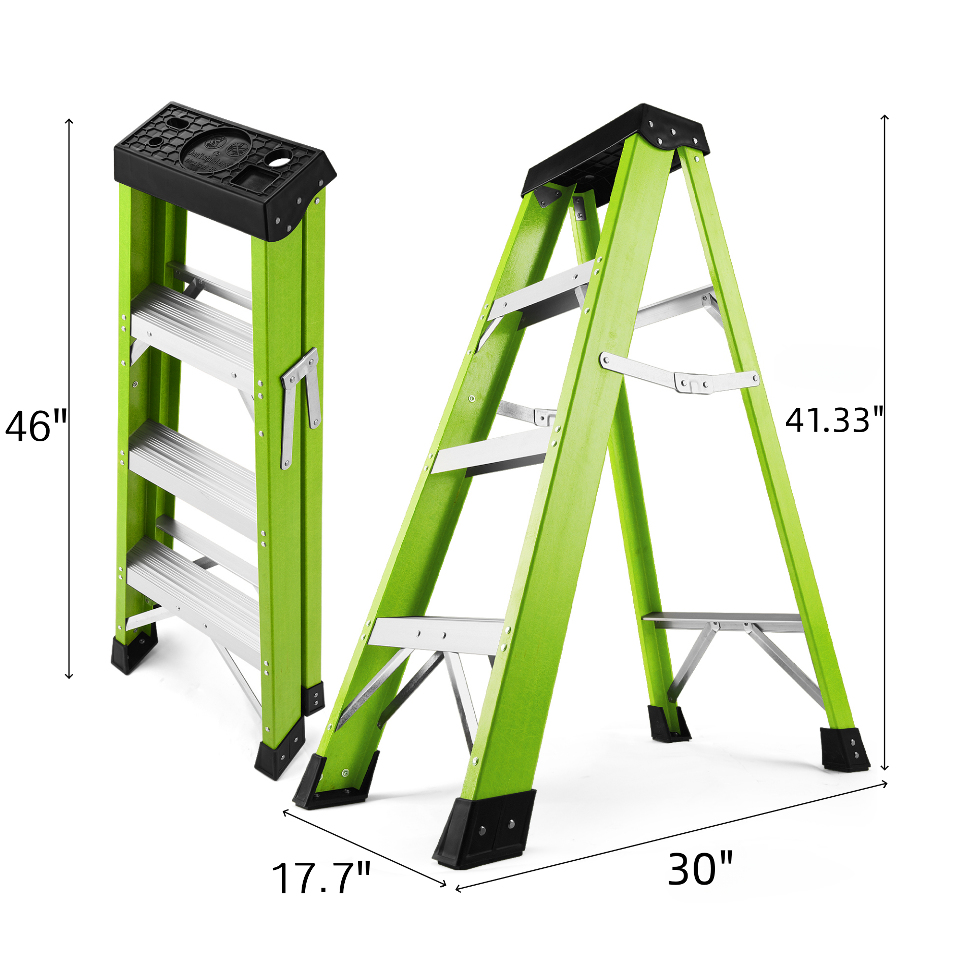Fiberglass Step Ladder — Non‑Conductive, 330 lb Capacity, Safety Green, 11" Step Spacing