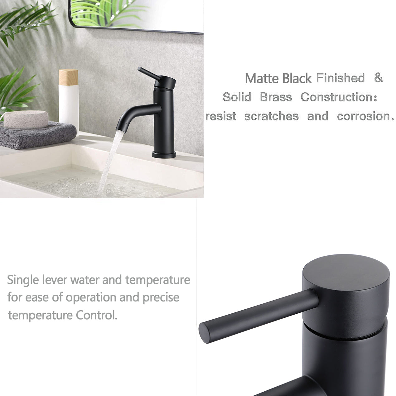 ADA Compliant Single Hole Bathroom Faucet - 6.57" High Stainless Steel Waterfall Faucet Matte Black