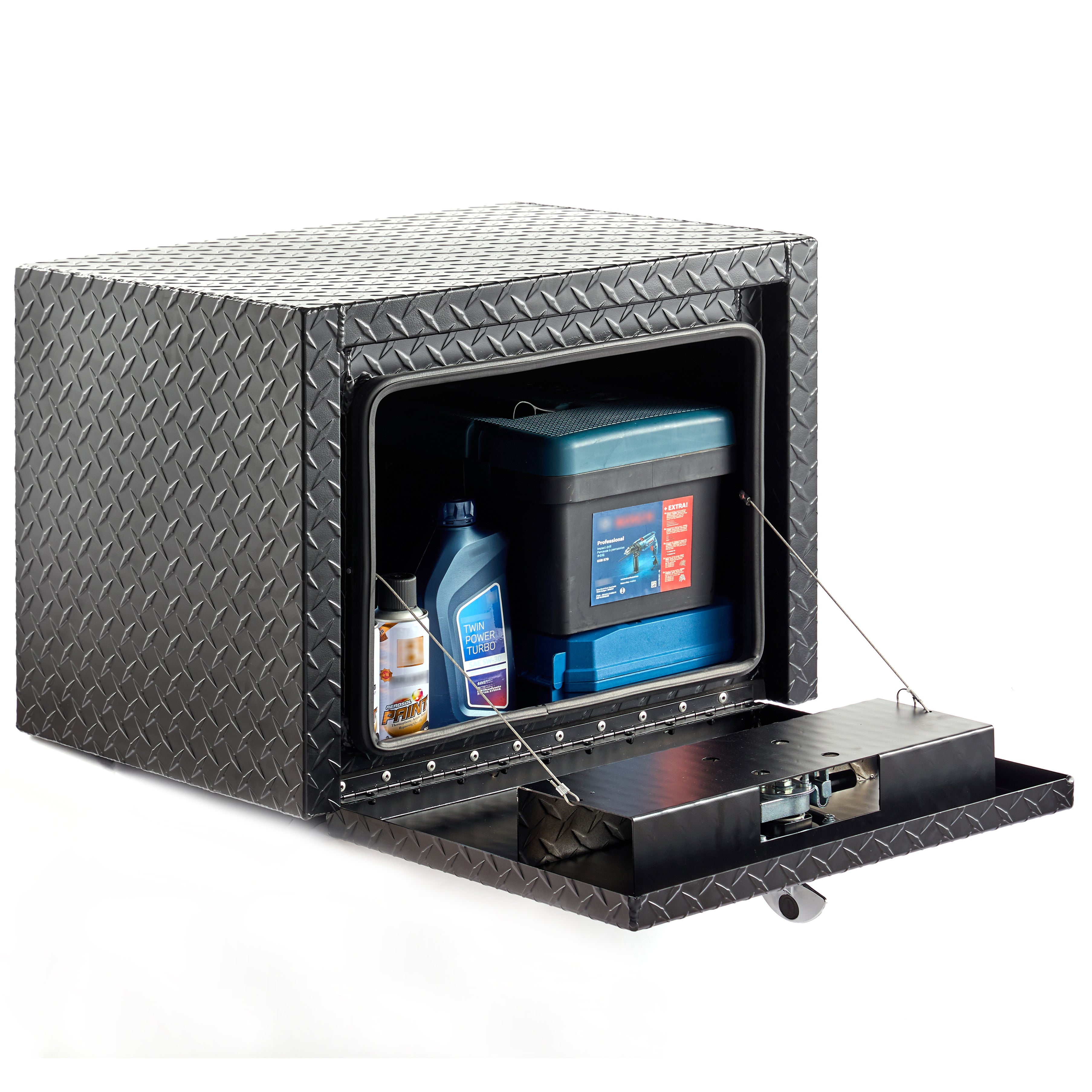 24" Aluminum Underbody Truck Tool Box — Matte Black Diamond Plate, Waterproof & Lockable, Ideal for Pickup, ATV, RV
