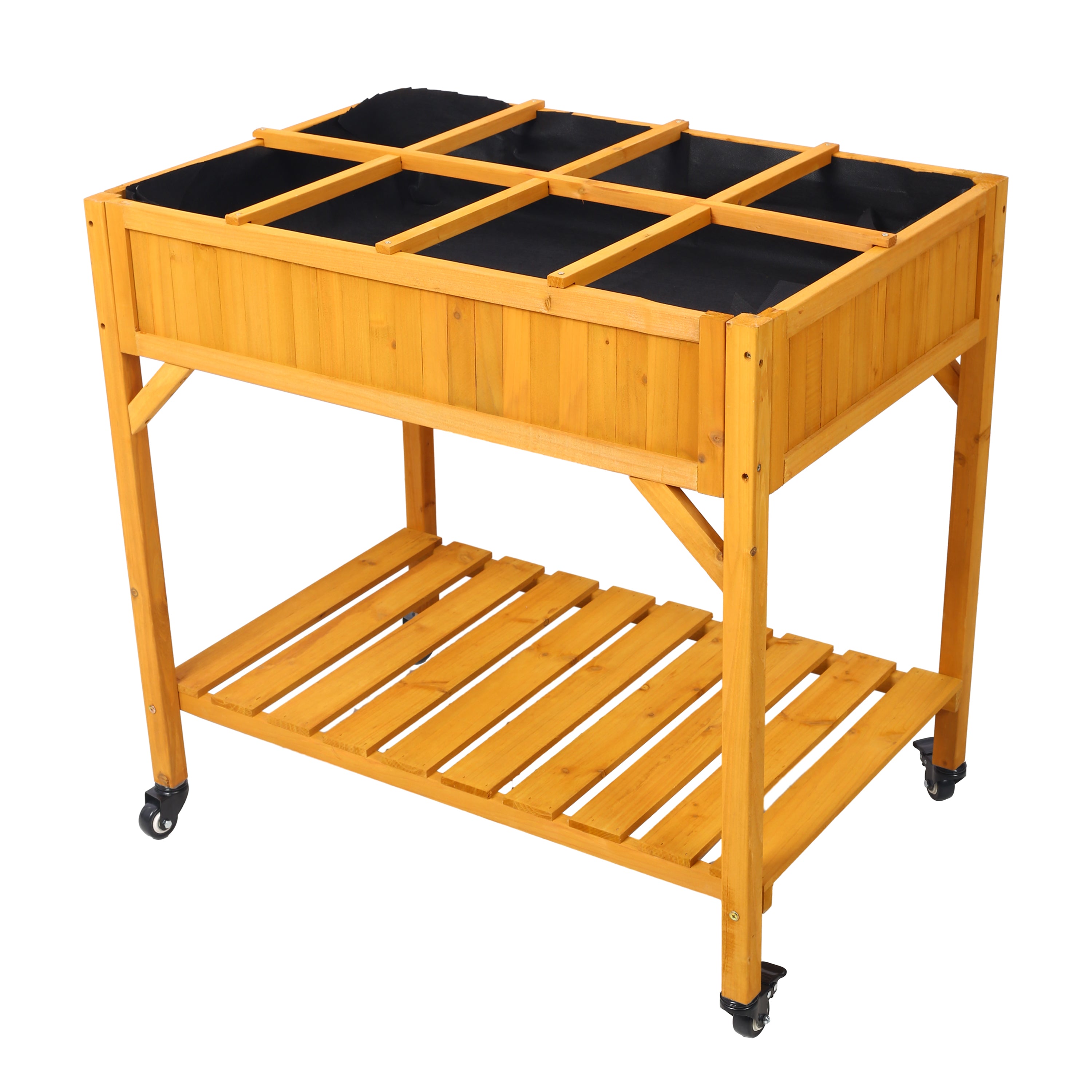 Elevated 8 Pocket Herb Garden Bed – Mobile Wood Planter with Lockable Wheels & Storage Shelf