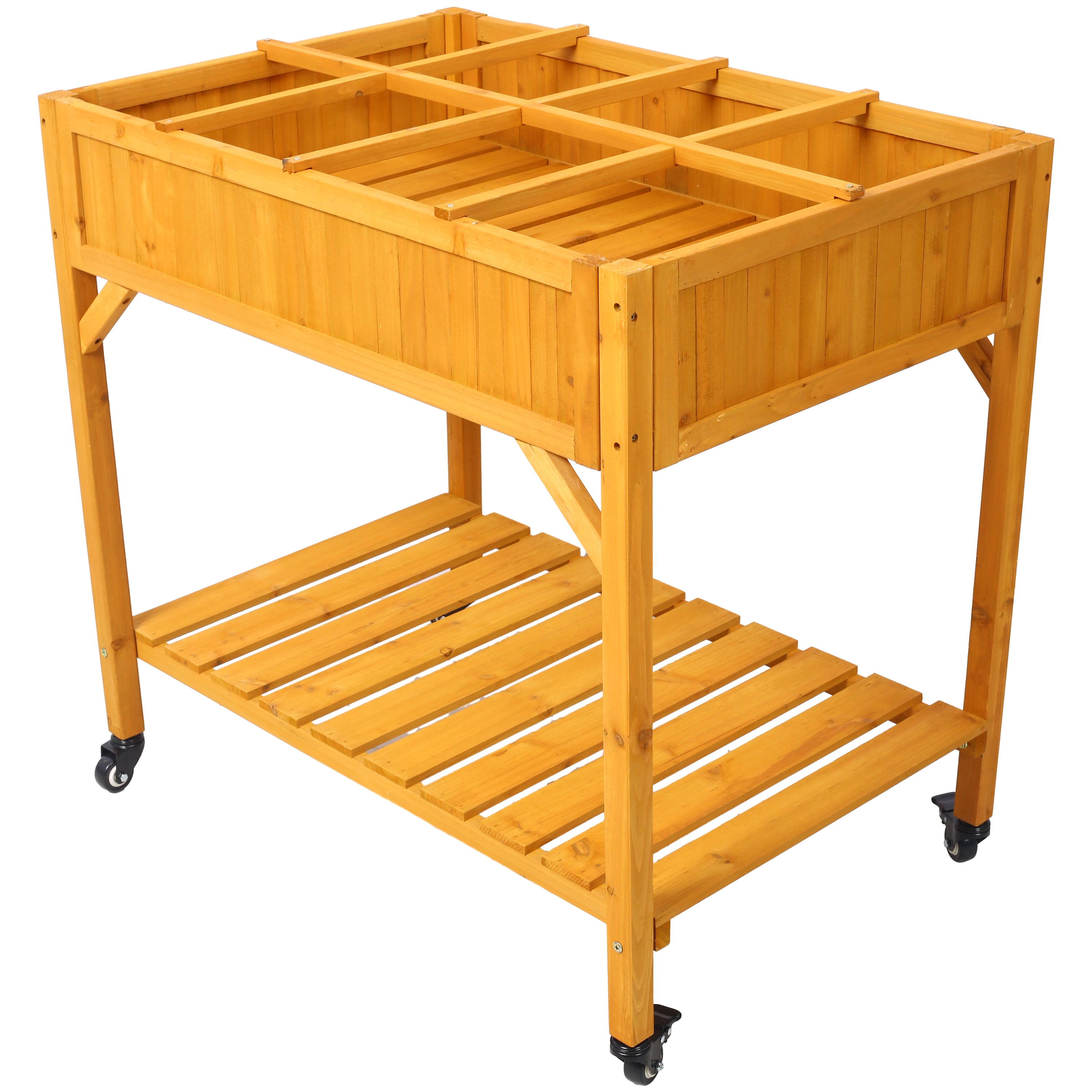 Elevated 8 Pocket Herb Garden Bed – Mobile Wood Planter with Lockable Wheels & Storage Shelf