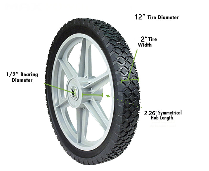10-Pack 12" Spoked Plastic Wheel and Tire – Puncture-Proof, 250 lb Capacity, 0.5" Axle, for Lawn Mowers & DIY Carts