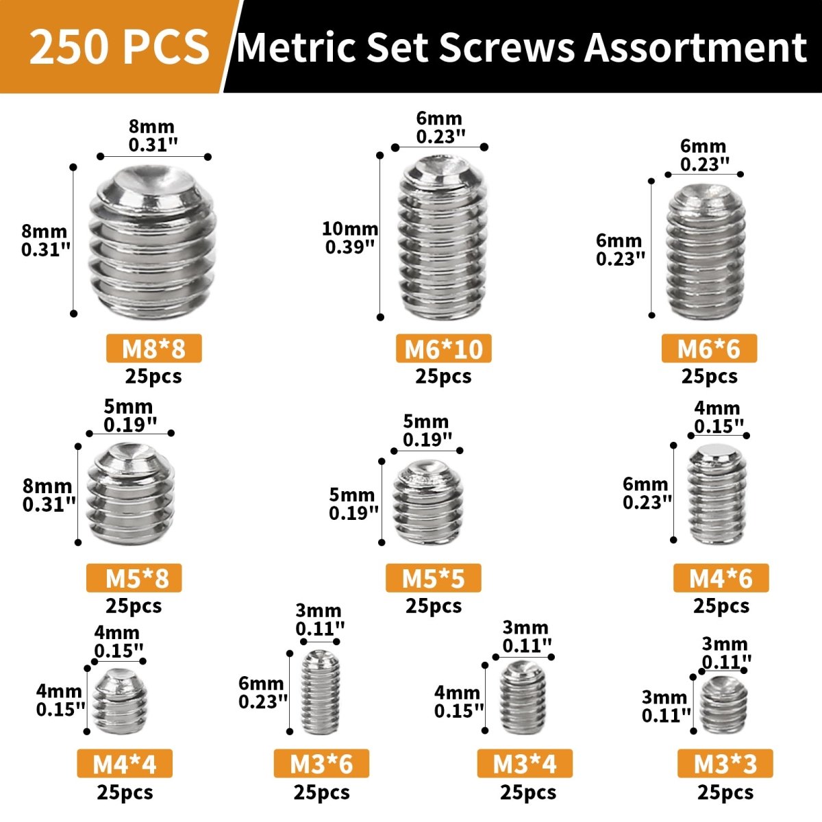 Set Screw Assortment Kit (250 Pcs) - Metric Sizes M3, M4, M5M6, M8 - 304 Stainless Steel cupped & Hex Head Cap Point GrubScrews - HomeDIYer