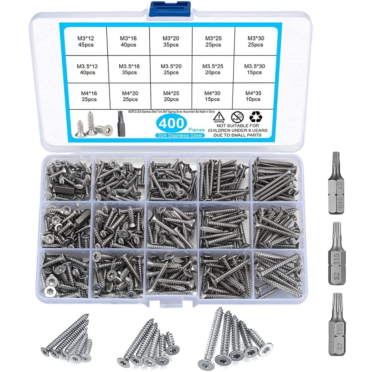400 pcs tapping screws M3 M3.5 M4 stainless steel countersunk head Trox tapping screw set box - HomeDIYer