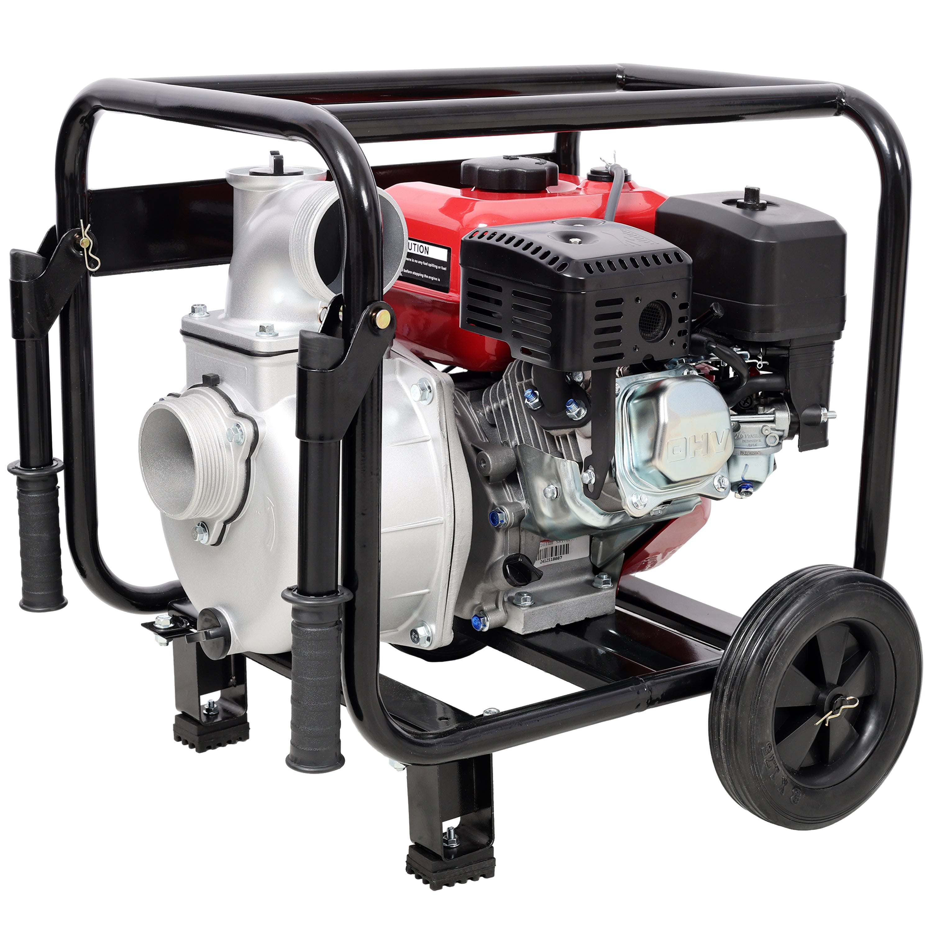 Gas Engine Powered Water Pump 3" inlet&outlet, Flow:264Gpm , 7HP Engine 212CC, EPA Certificated, 3in NPT Connector, 3in to 2in coupler 2in1, 50 ft Discharge Hose, 12 ft Suction Hose, Wheels and Handle