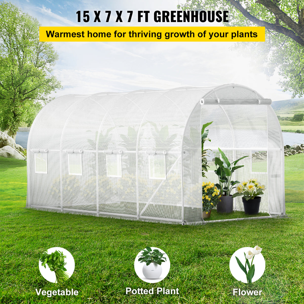 15ft x 6.5ft x 7ft Walk‑In Tunnel Greenhouse — Galvanized Steel Frame Roll‑Up Windows & Zippered Door White