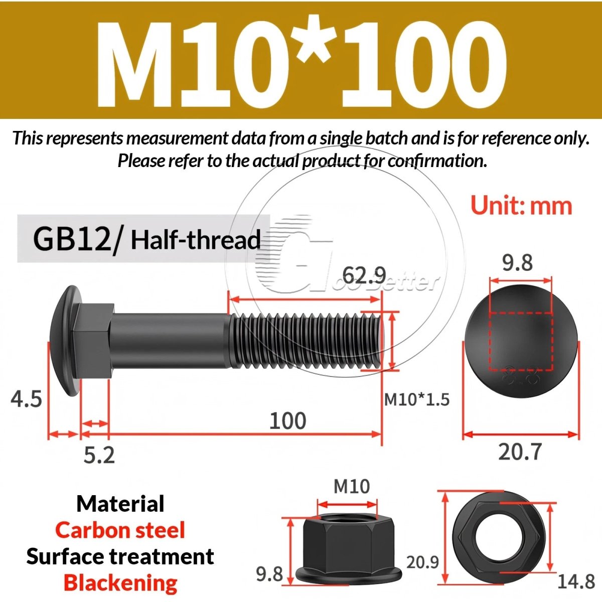 Black Carriage Bolts Grade 8.8 | M6–M24 Cup Square Domed Head Screws - HomeDIYer