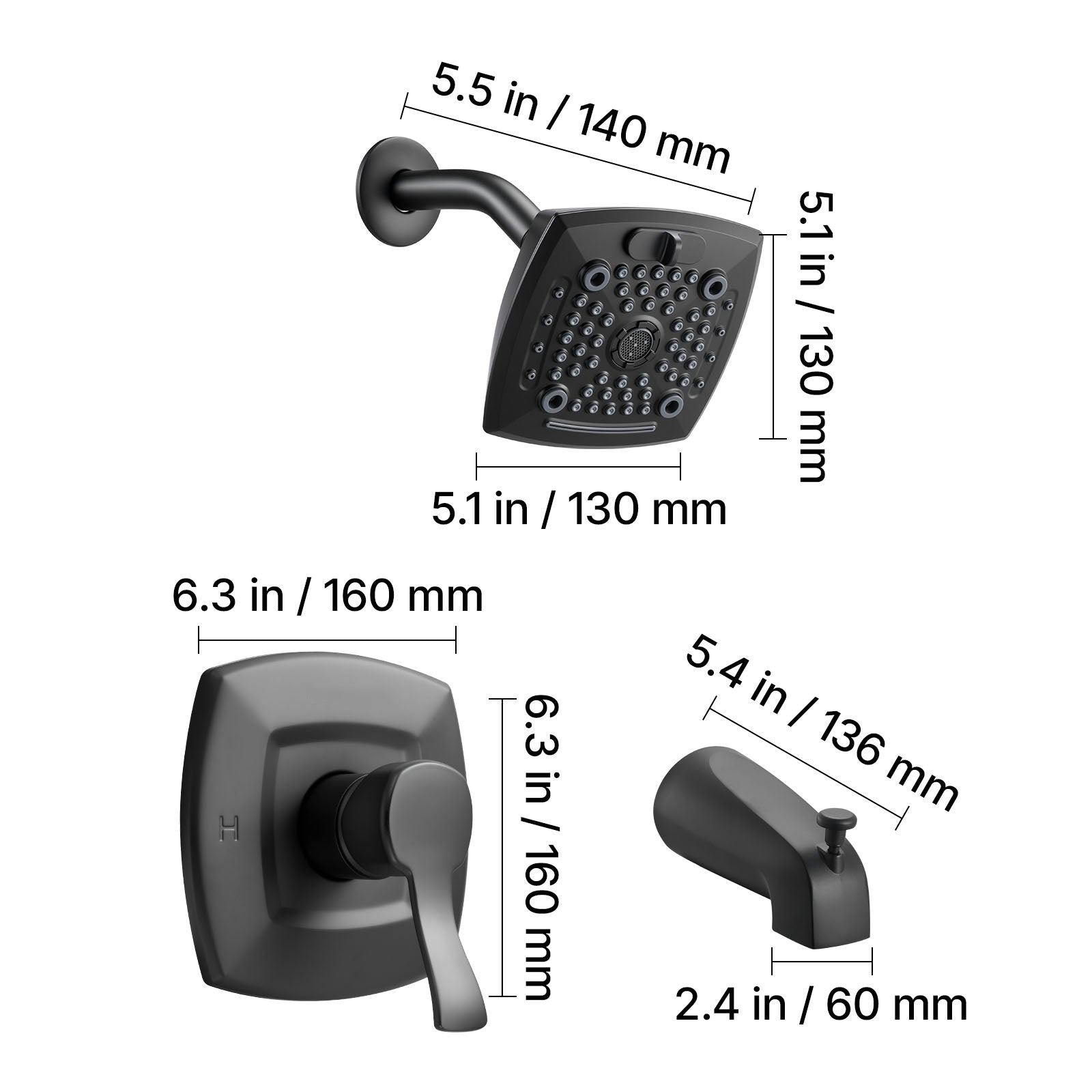 Complete Tub & Shower Faucet Set – 5.1" Rainfall Shower Head, 5 Spray Modes, Pressure Balancing Valve, Matte Black