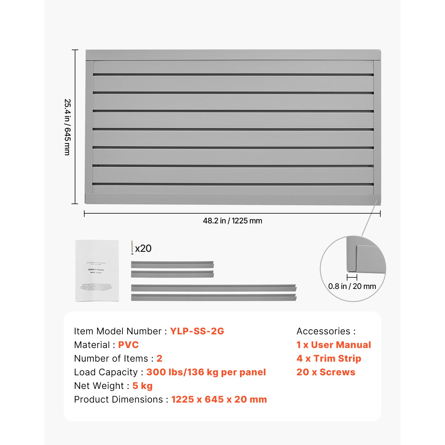2 x 4 ft Slat Wall Paneling PVC Grey Garage Slatwall with Modular Design