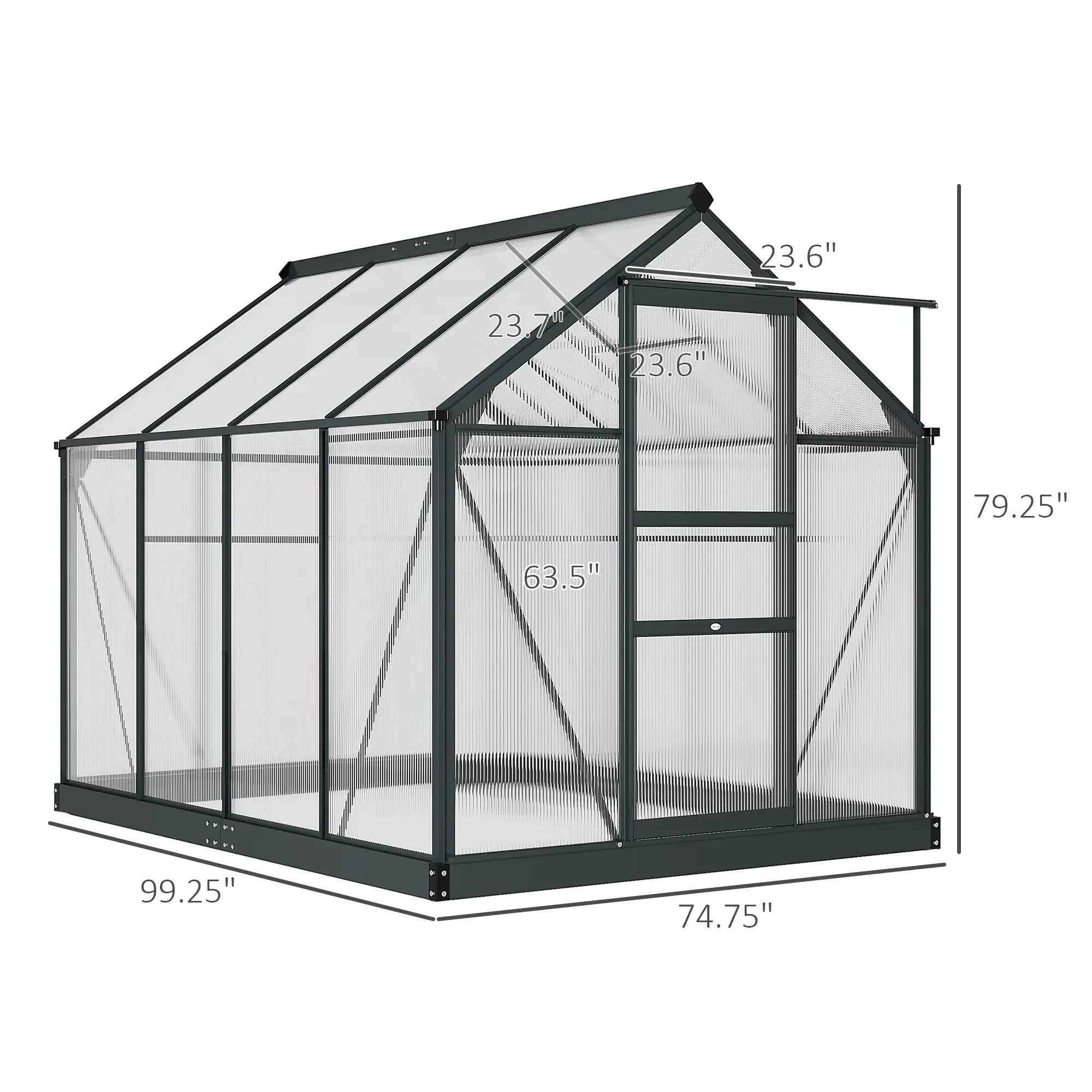 6.2ft x 8.3ft x 6.6ft Heavy‑Duty Aluminum Walk‑In Greenhouse — Polycarbonate Panels Sliding Door & Rooftop Vent Gray