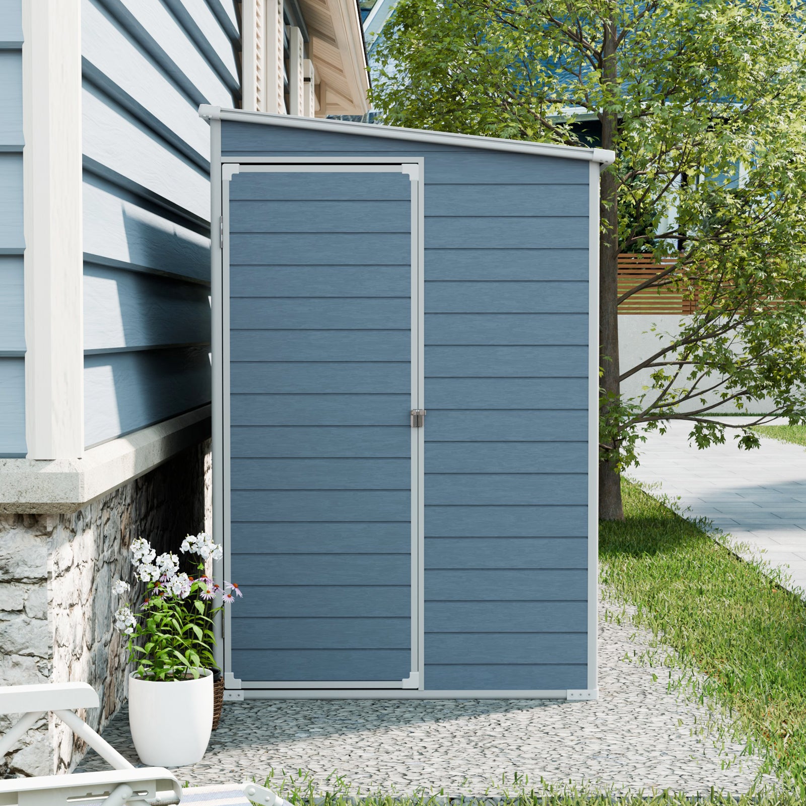 4x8ft Outdoor Storage Shed with Floor Resin shed with Two-Window, Waterproof ,Lockable Doors for Patio,Yard,Lawn --Gray