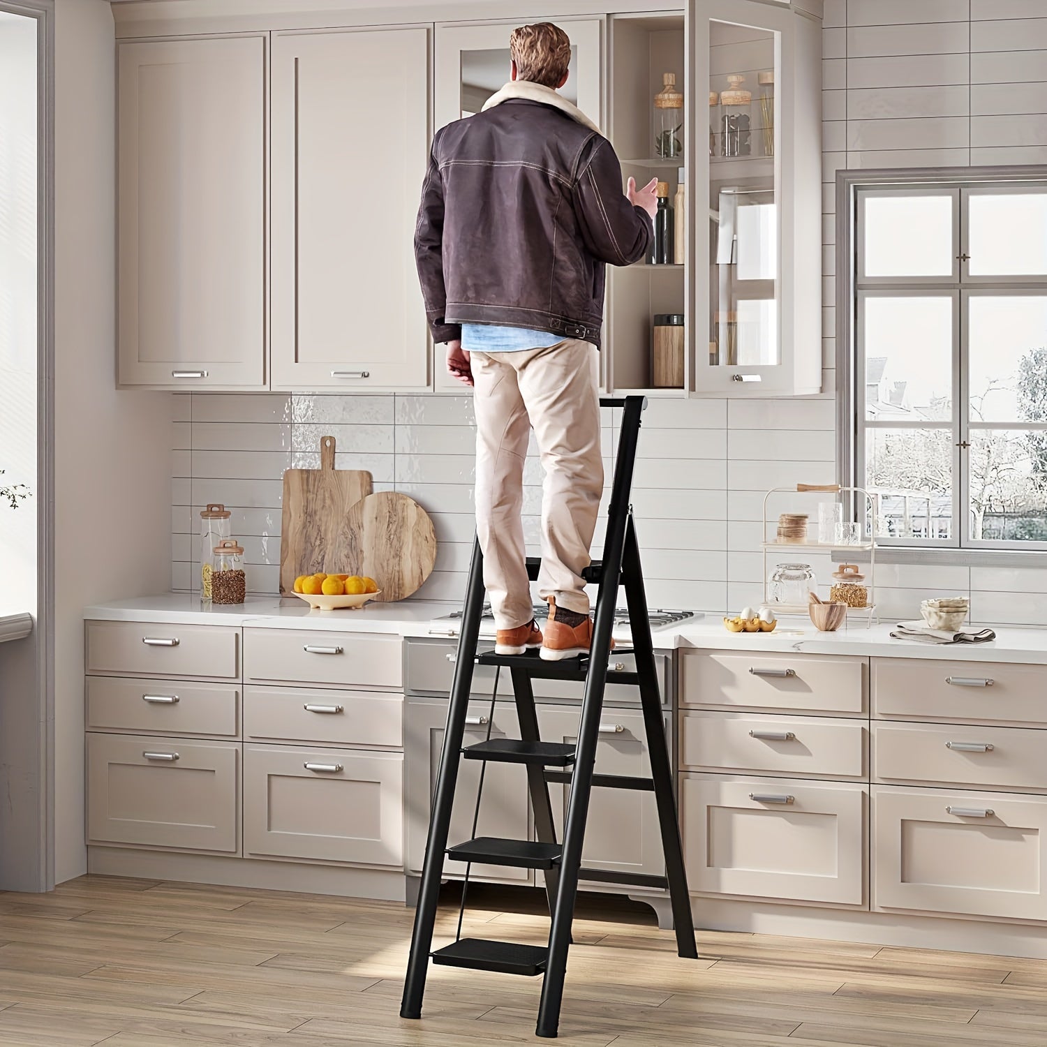 5‑Step Folding Steel Ladder — 600 lb Capacity, Anti‑Slip Wide Pedals, Black, Ideal for Home & Office