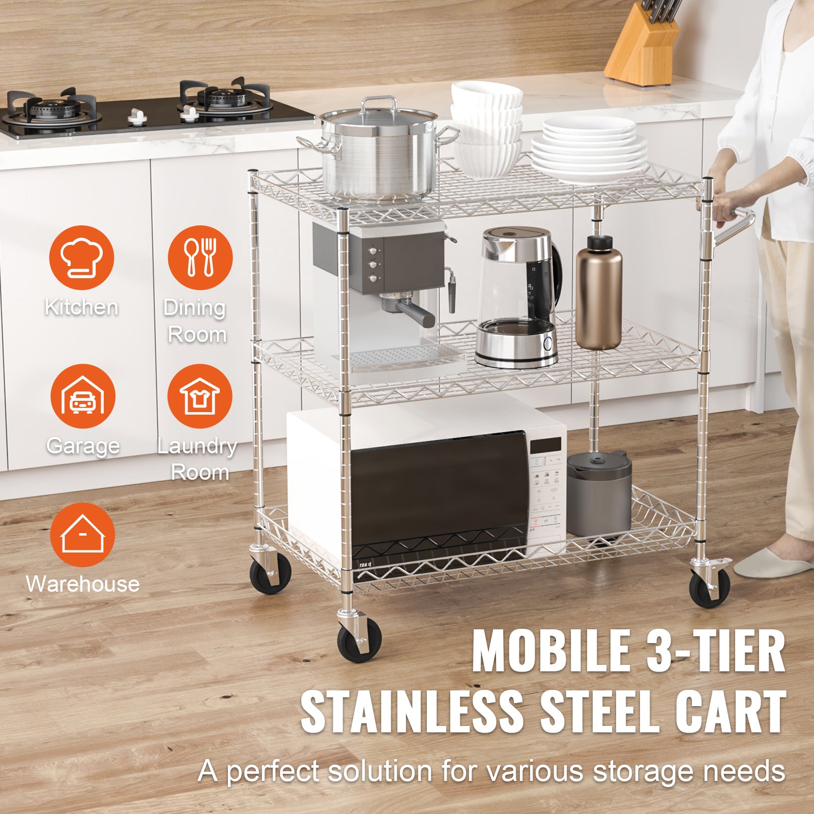 3-Tier Utility Cart Rolling Cart on Wheels 30"x18"x32.4" 661 LBS 6 Hooks