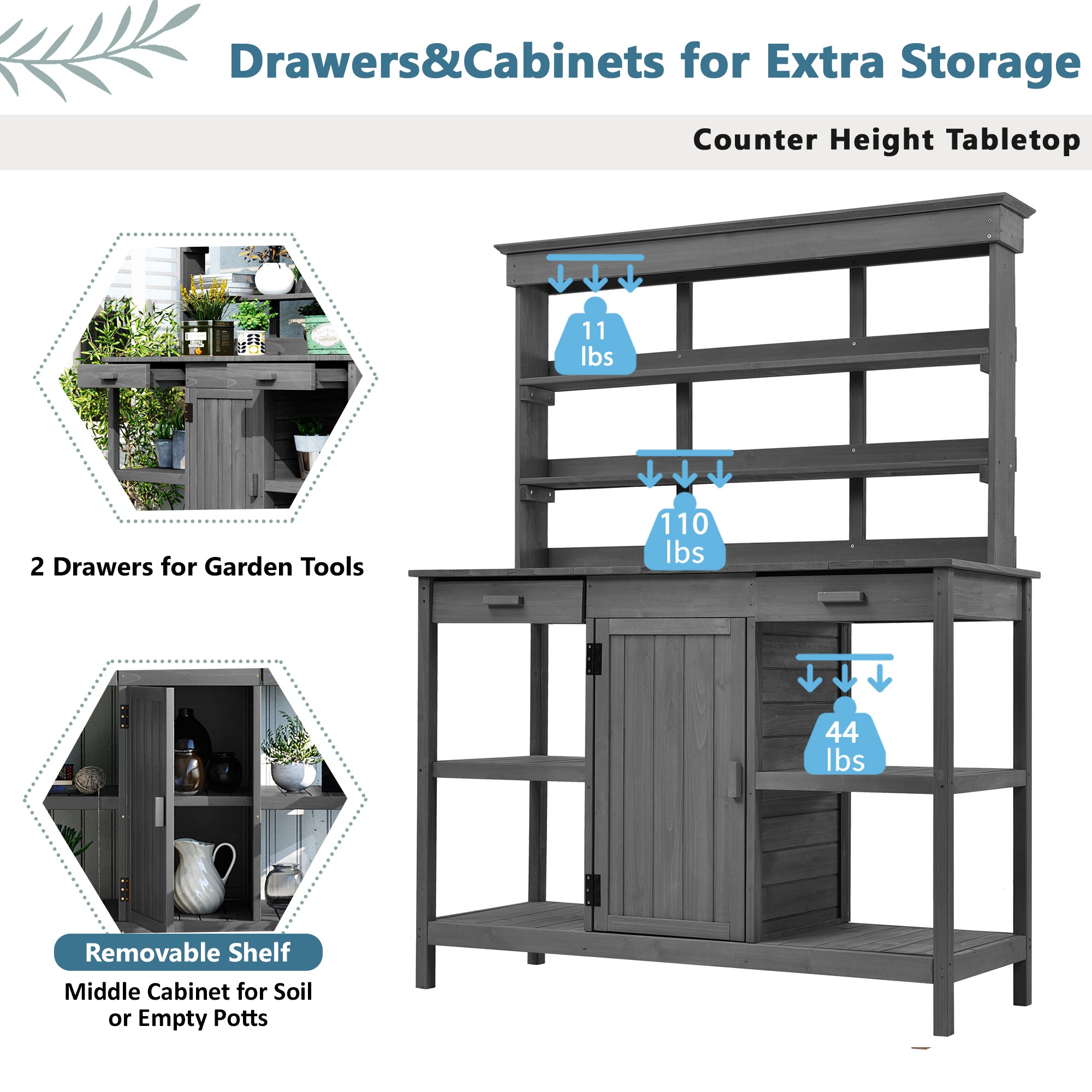 TOPMAX 66'' Large Outdoor Farmhouse Wooden Potting Bench Table, Garden Workstation with 2 Drawers,Cabinet and Open Shelves for Backyard, Mudroom, Gray
