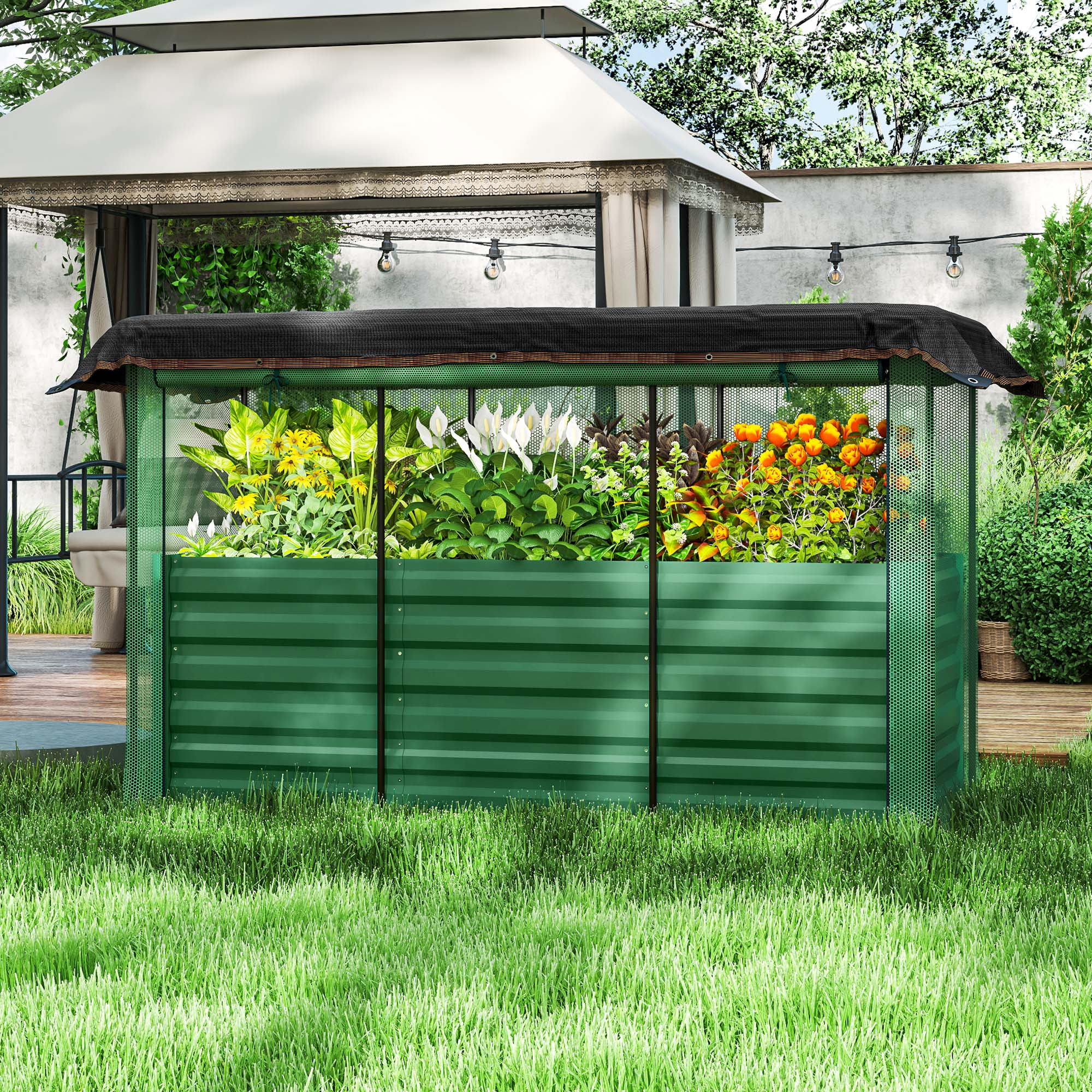 Galvanized Raised Garden Bed, Planter Box with Crop Cage and Shade Cloth, Green