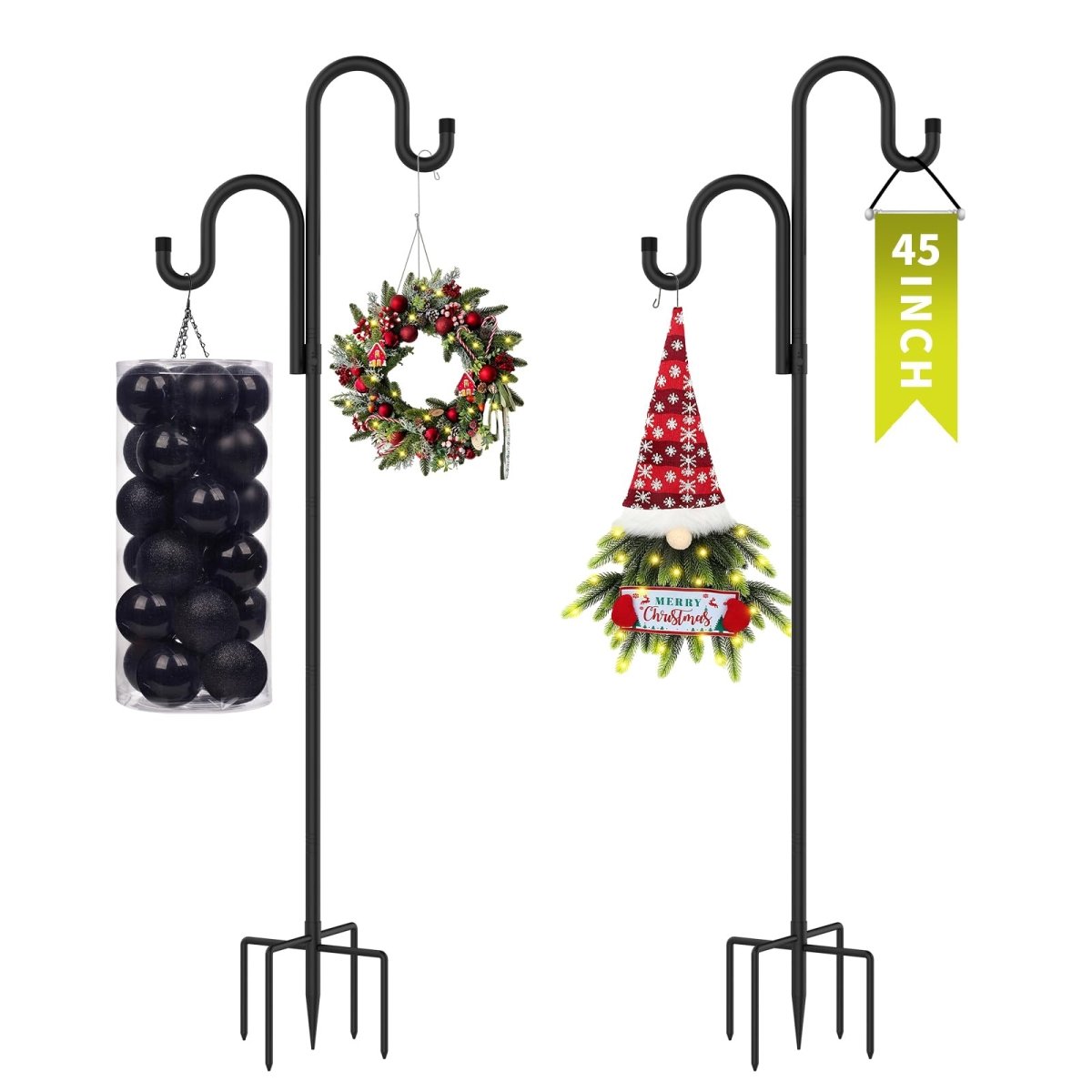 Double Shepherds Hooks for Outdoor, Bird Feeder Pole with 5 Prongs Base, Heavy Duty Garden Hook for Lantern, Wind Chime and Hummingbird Feeder, 45/62/76/92 Inch, 2 Pack - HomeDIYer