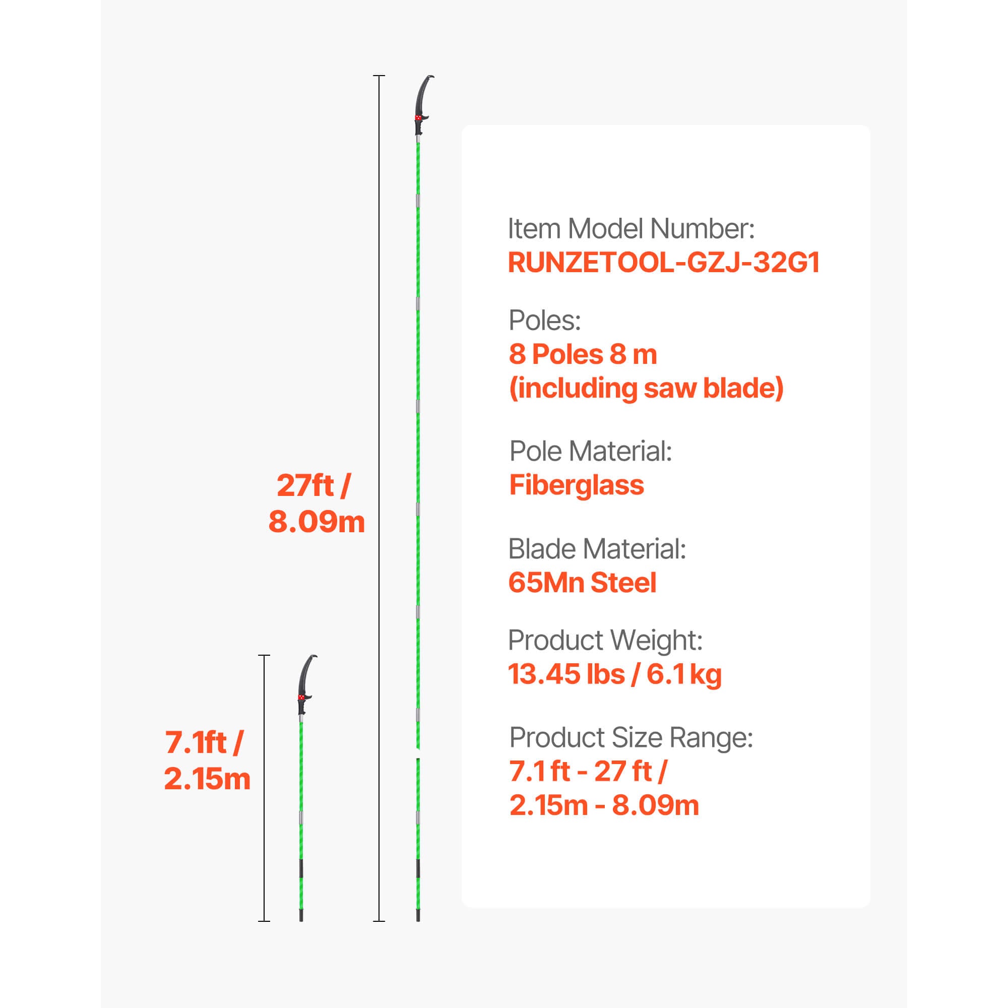 27 ft Manual Pole Saw โ Extendable Tree Pruner with 65Mn Steel Blade & 8-Section Fiberglass Pole