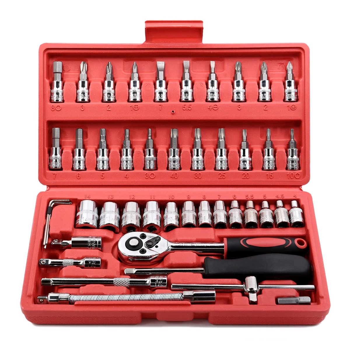 46 Pieces 1/4 inch Drive Socket Ratchet Wrench Set, with Bit Socket Set Metric and Extension Bar for Auto Repairing and Household, with Storage Case - HomeDIYer