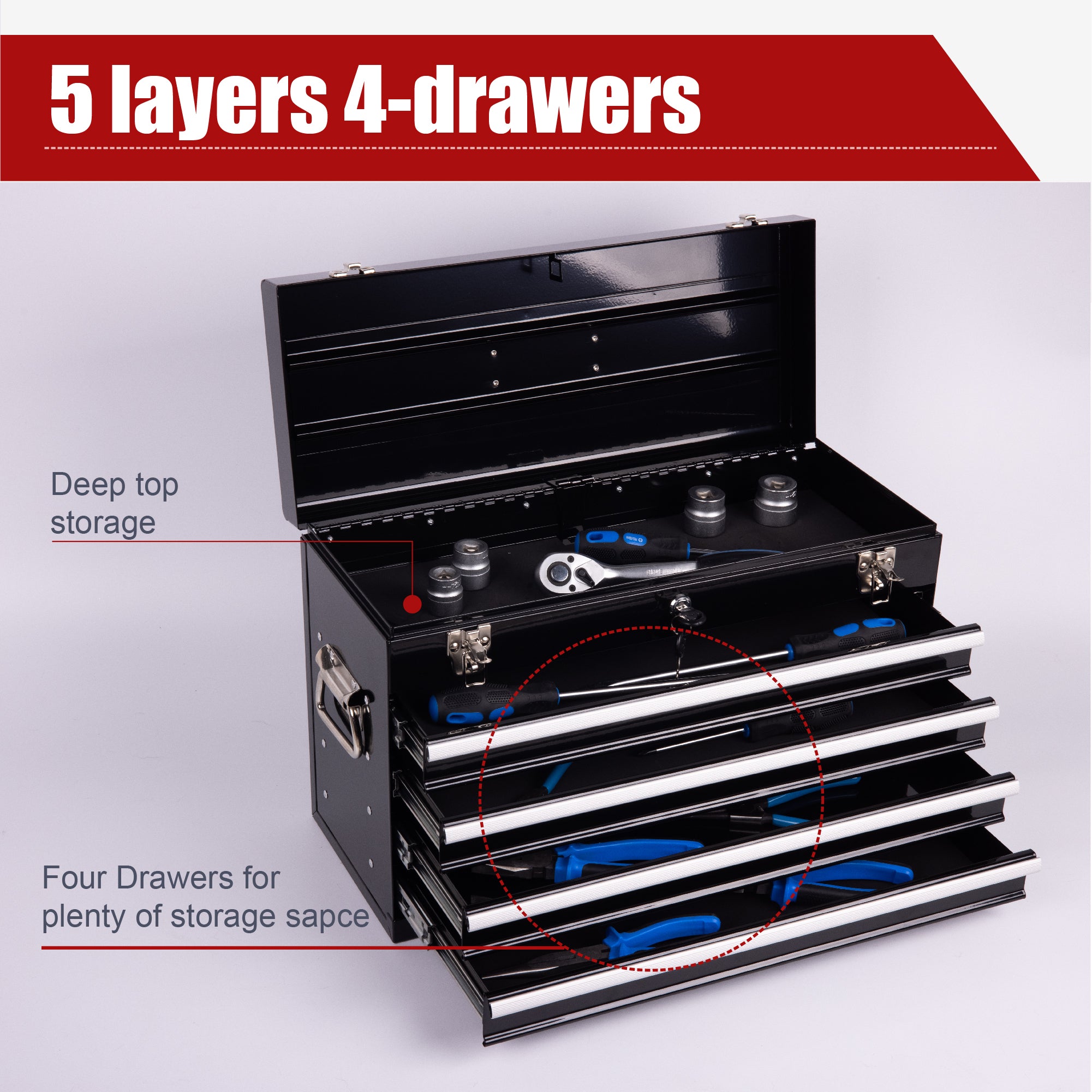 21" Heavy Duty Black Metal Tool Box with 4 Ball-Bearing Drawers