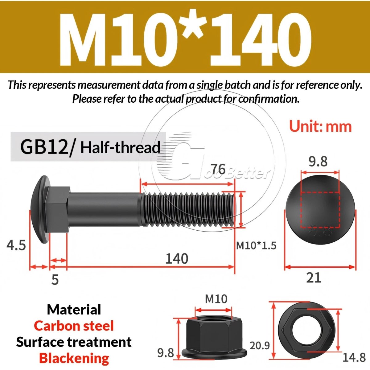 Black Carriage Bolts Grade 8.8 | M6–M24 Cup Square Domed Head Screws - HomeDIYer