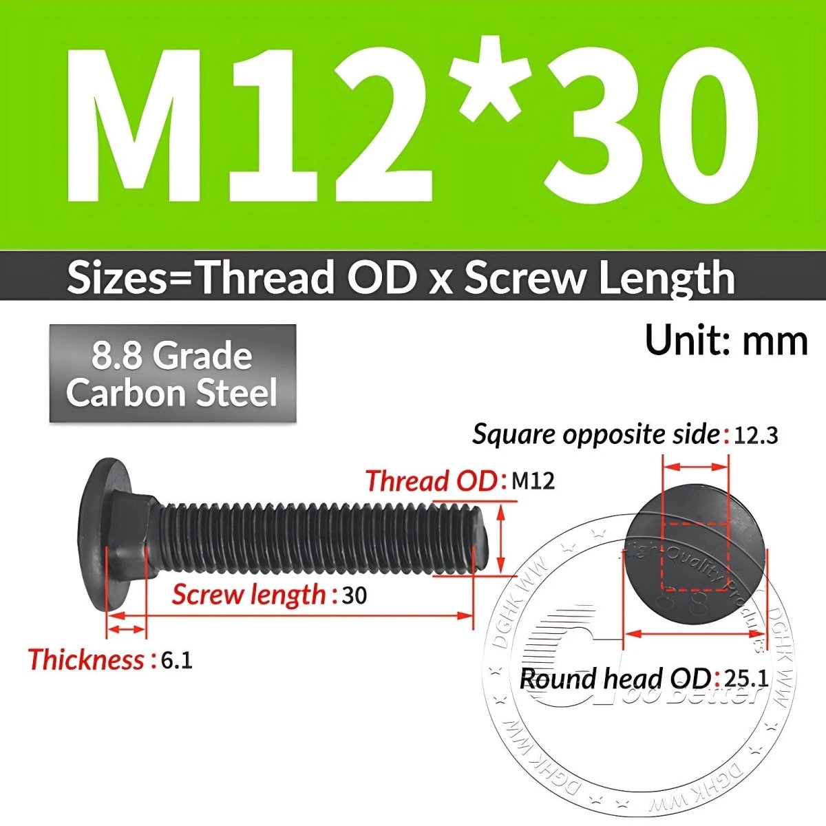Black 8.8 Grade Steel Carriage Bolts | Cup Square Dome Head | M6–M24 - HomeDIYer