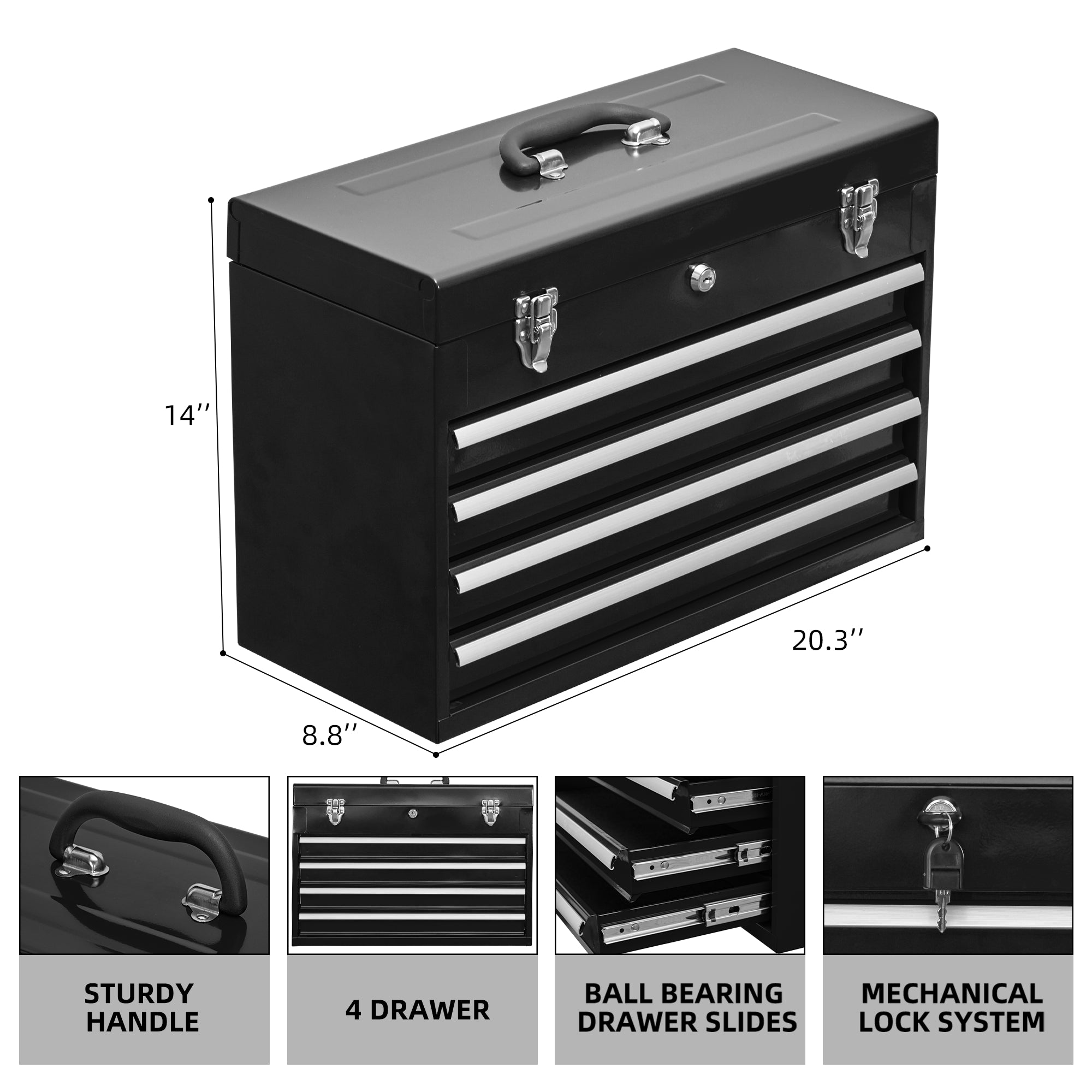 4-Drawer Steel Tool Chest – Portable Metal Tool Box with Cylinder Lock & Powder Coat
