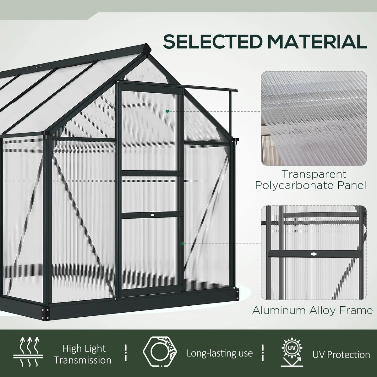 6.2ft x 8.3ft x 6.6ft Heavy‑Duty Aluminum Walk‑In Greenhouse — Polycarbonate Panels Sliding Door & Rooftop Vent Gray