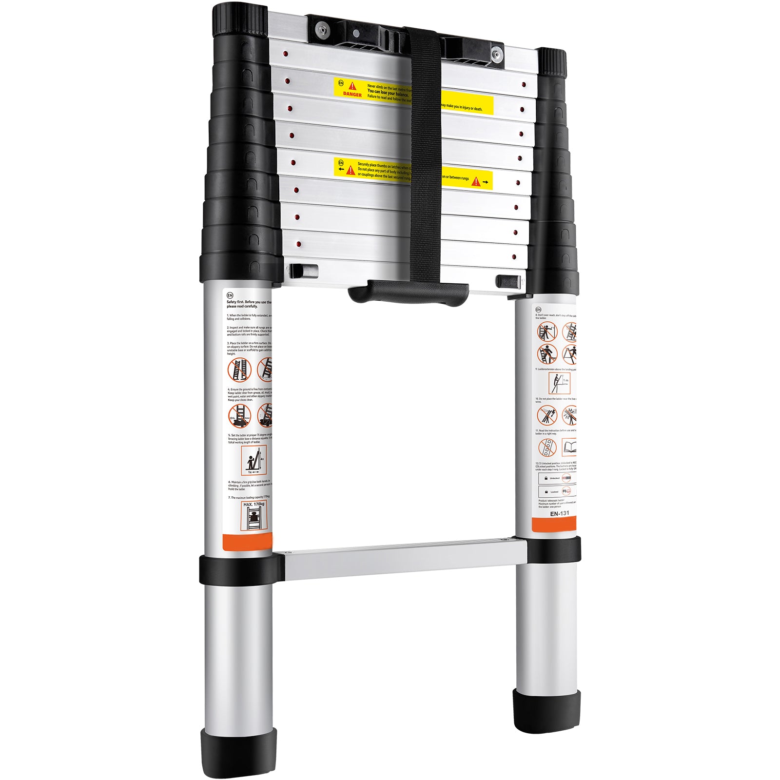 10.5FT Telescoping Aluminum Extension Ladder — 375 lb Capacity, One‑Button Retraction, Silver