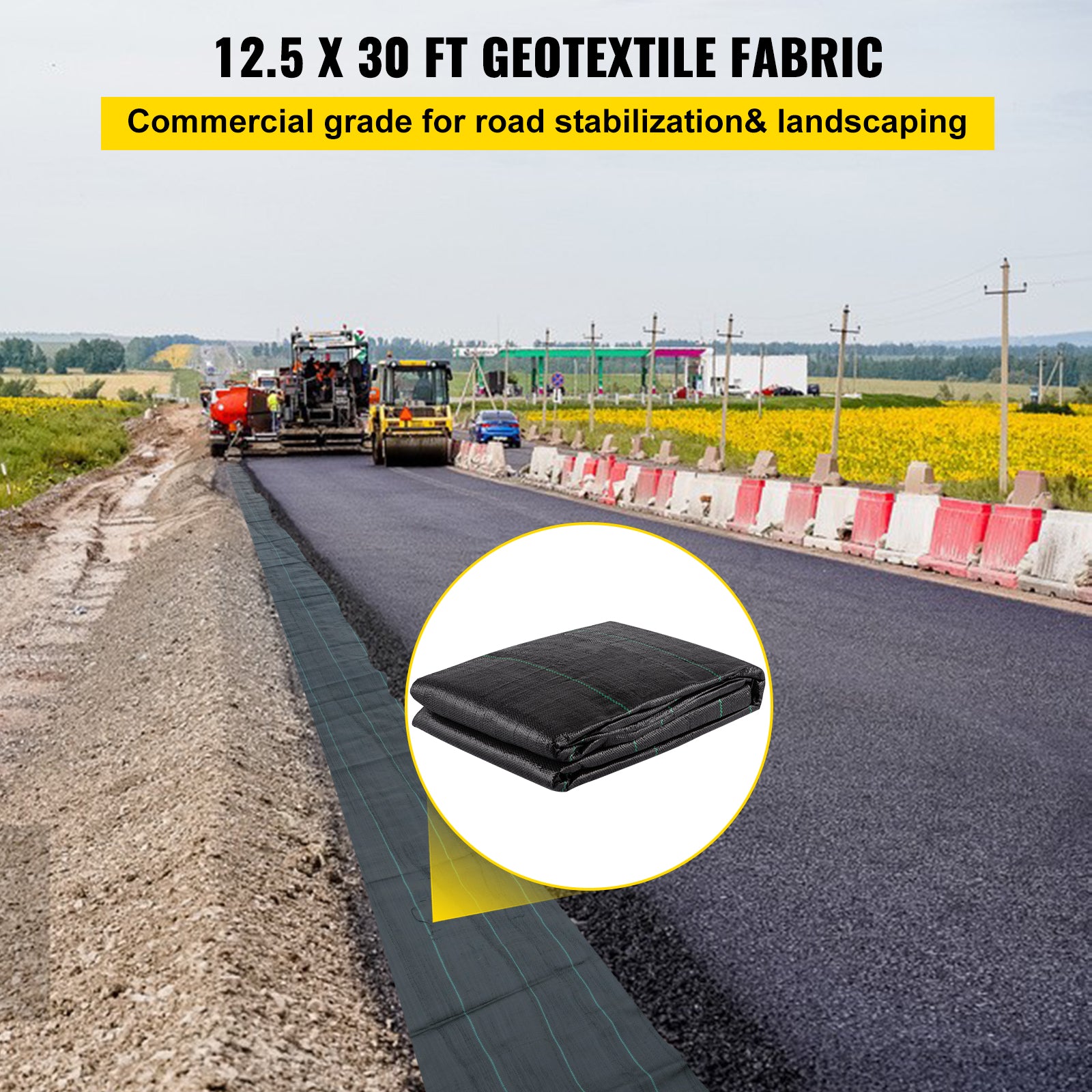 12.5ft x 30ft 3.5oz Woven Geotextile Driveway Fabric — 600lb Tensile Strength Underlayment & Weed Barrier Black