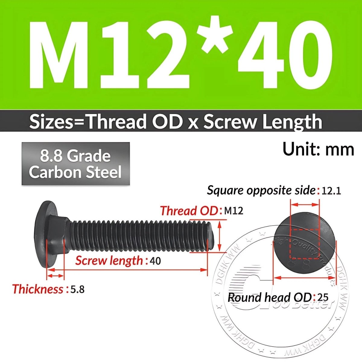 Black 8.8 Grade Steel Carriage Bolts | Cup Square Dome Head | M6–M24 - HomeDIYer