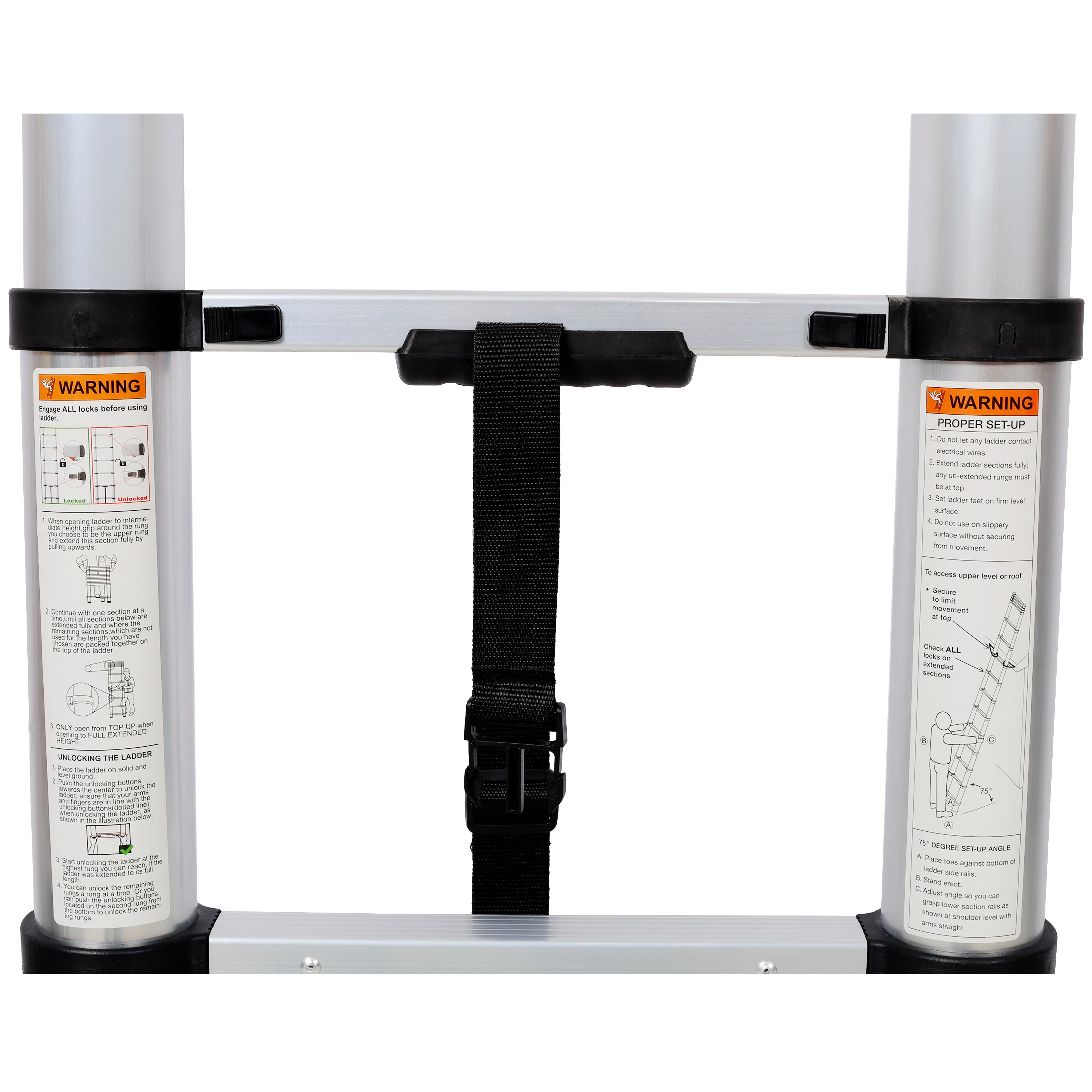 12.5FT Telescopic Aluminum Ladder with Slow‑Down Safety & Stabilizer — 330 lb Capacity, Silver
