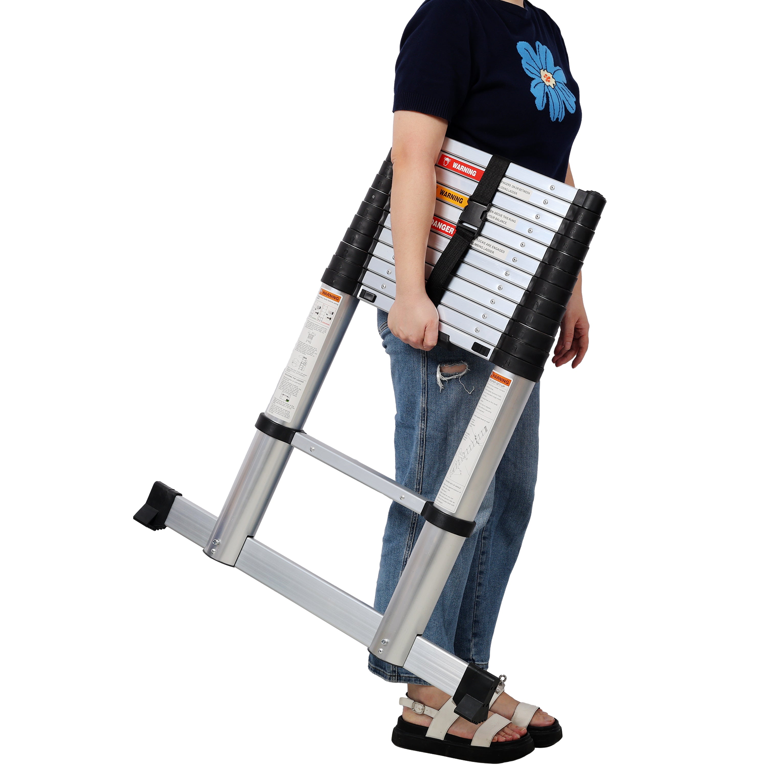 12.5FT Telescopic Aluminum Ladder with Slow‑Down Safety & Stabilizer — 330 lb Capacity, Silver